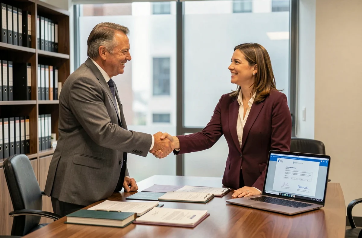 Signature d'un accord d'externalisation entre deux dirigeants d'entreprise dans un bureau exécutif