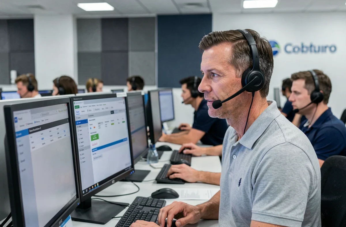 Agent de relation client masculin portant un casque téléphonique et consultant un tableau de bord CRM dans un centre d'appels professionnel