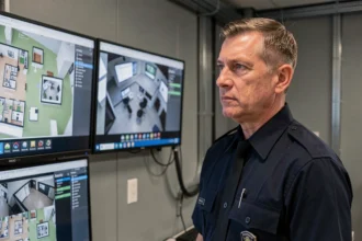 Agent de sécurité d'entreprise surveillant des écrans de vidéosurveillance dans un poste de contrôle moderne