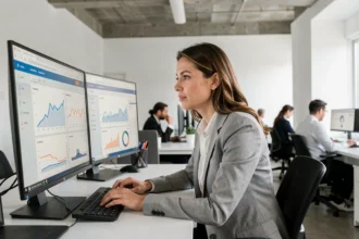 Analyste marketing femme examinant des tableaux de bord de données sur deux écrans dans un bureau moderne