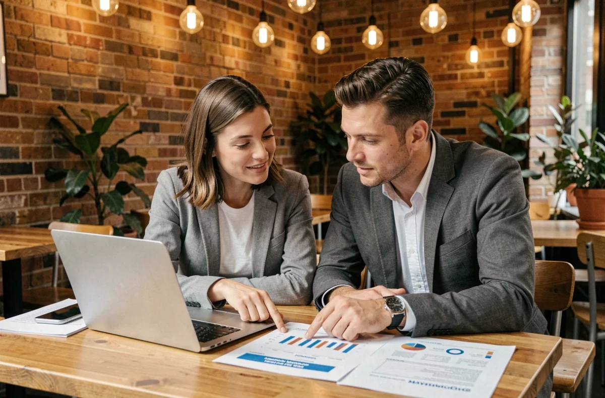 Deux collègues analysant des rapports de données marketing sur un ordinateur portable dans un café urbain