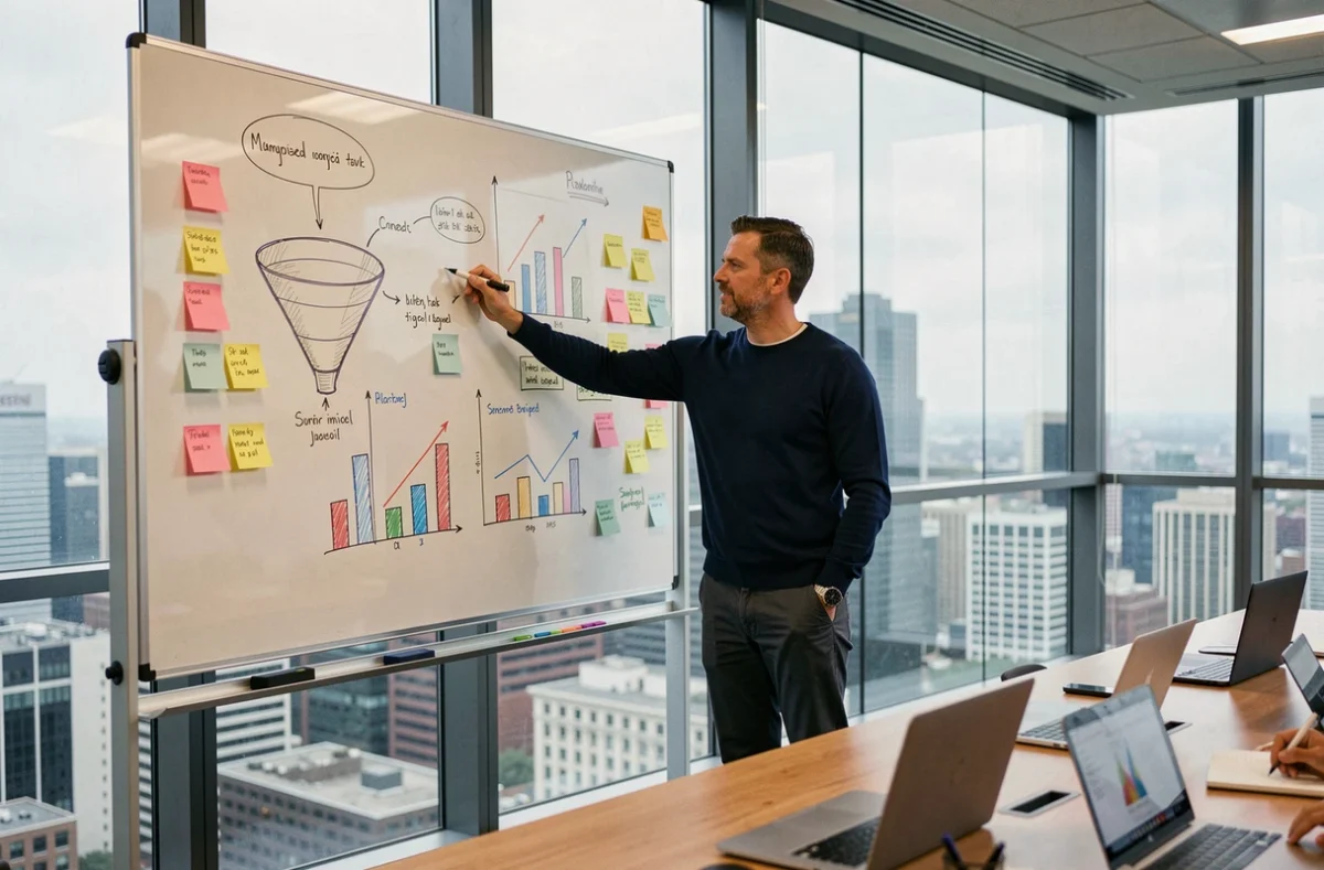 Professionnel du marketing présentant des diagrammes d'analyse de données sur un tableau blanc en salle de réunion