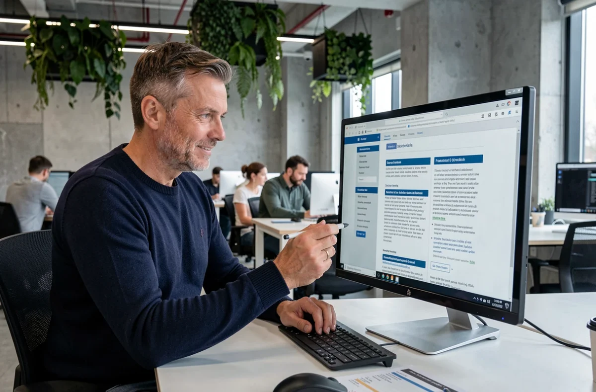 Homme analysant la structure visuelle d'un article web attractif sur un écran dans un espace de coworking