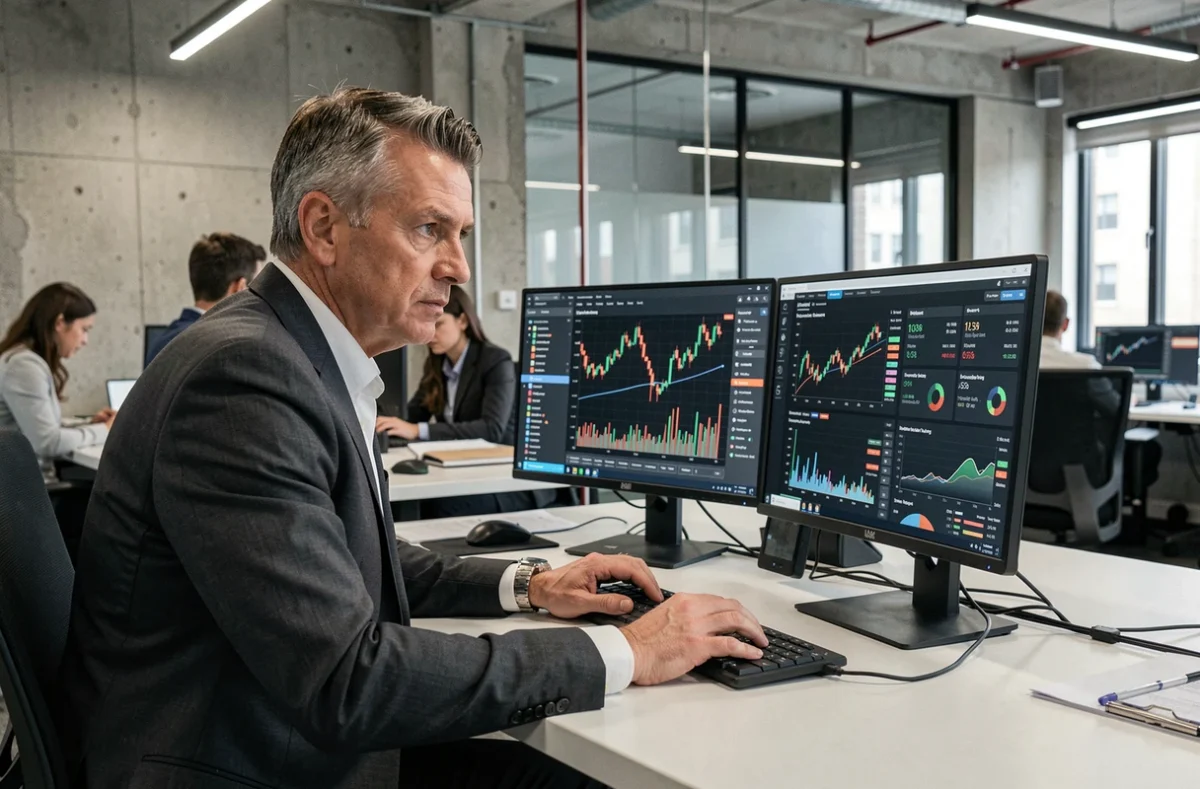 Analyste financier en costume anthracite devant des écrans d'analyse de données dans un bureau fintech moderne, illustrant les métiers du secteur financier à haut salaire