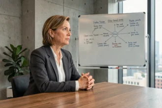 Femme réfléchissant aux attitudes éthiques devant un tableau blanc couvert de principes moraux dans une salle de réunion