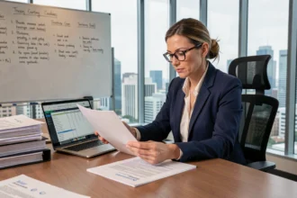 Professionnelle en blazer marine analysant des documents de conformité dans une salle de réunion moderne