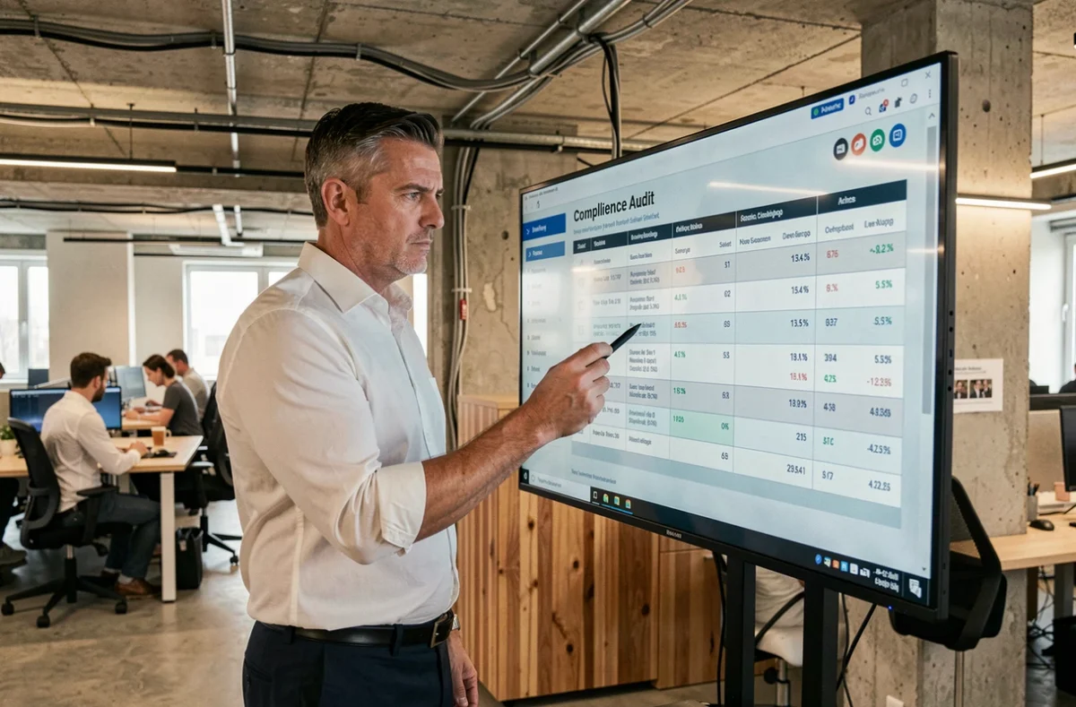 Manager analysant un tableau de bord d'audit de conformité sur un grand écran dans un bureau moderne