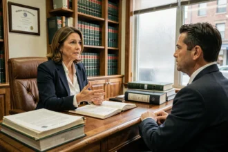 Avocate en consultation juridique avec un client dans un cabinet d'avocat traditionnel rempli de livres de droit