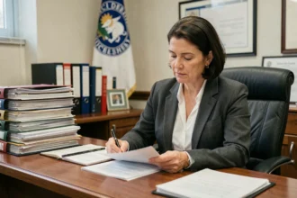 Avocate québécoise analysant les documents de la loi 20 dans un bureau gouvernemental officiel