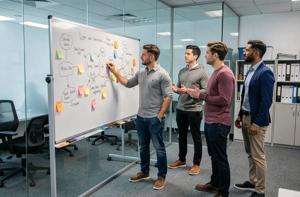 Équipe professionnelle en séance de brainstorming devant un tableau blanc dans une salle de projet