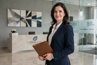 Professionnelle dans le hall d'entrée d'un grand cabinet d'audit international de type Mazars, symbole de prestige et d'expertise
