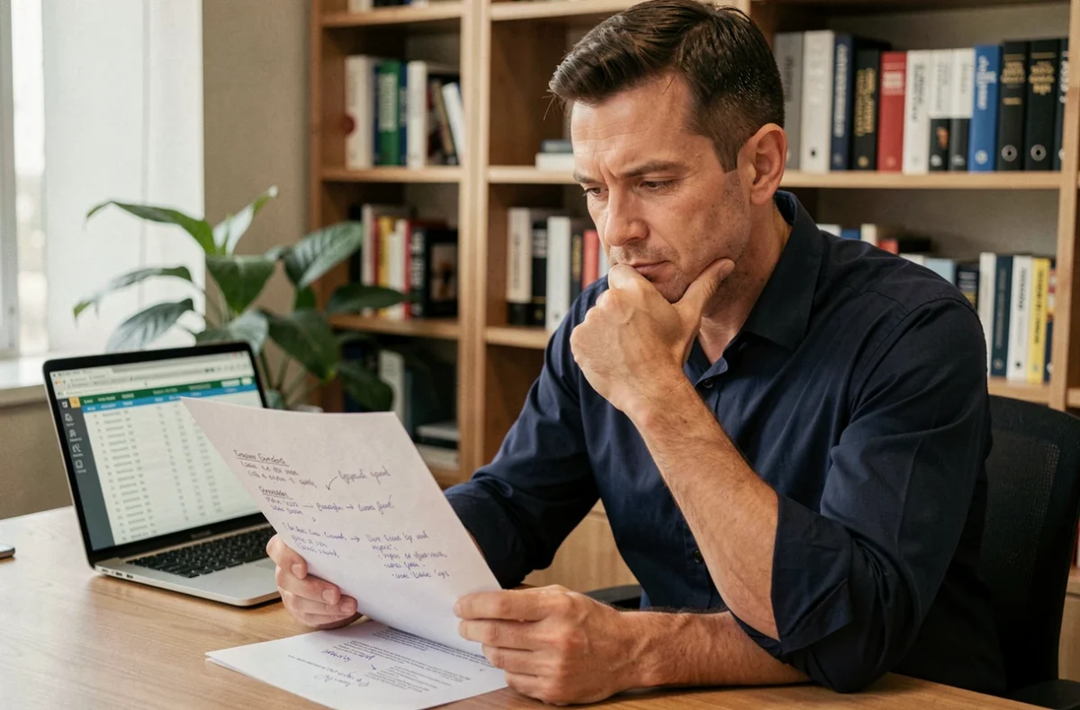 Un cadre B2B analysant attentivement une proposition commerciale imprimée dans son bureau privé