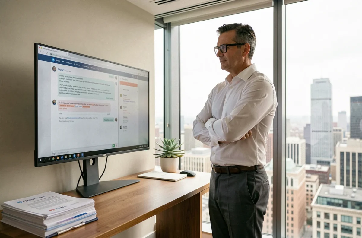 Cadre masculin analysant une réponse de ChatGPT sur un grand écran dans un bureau avec vue urbaine