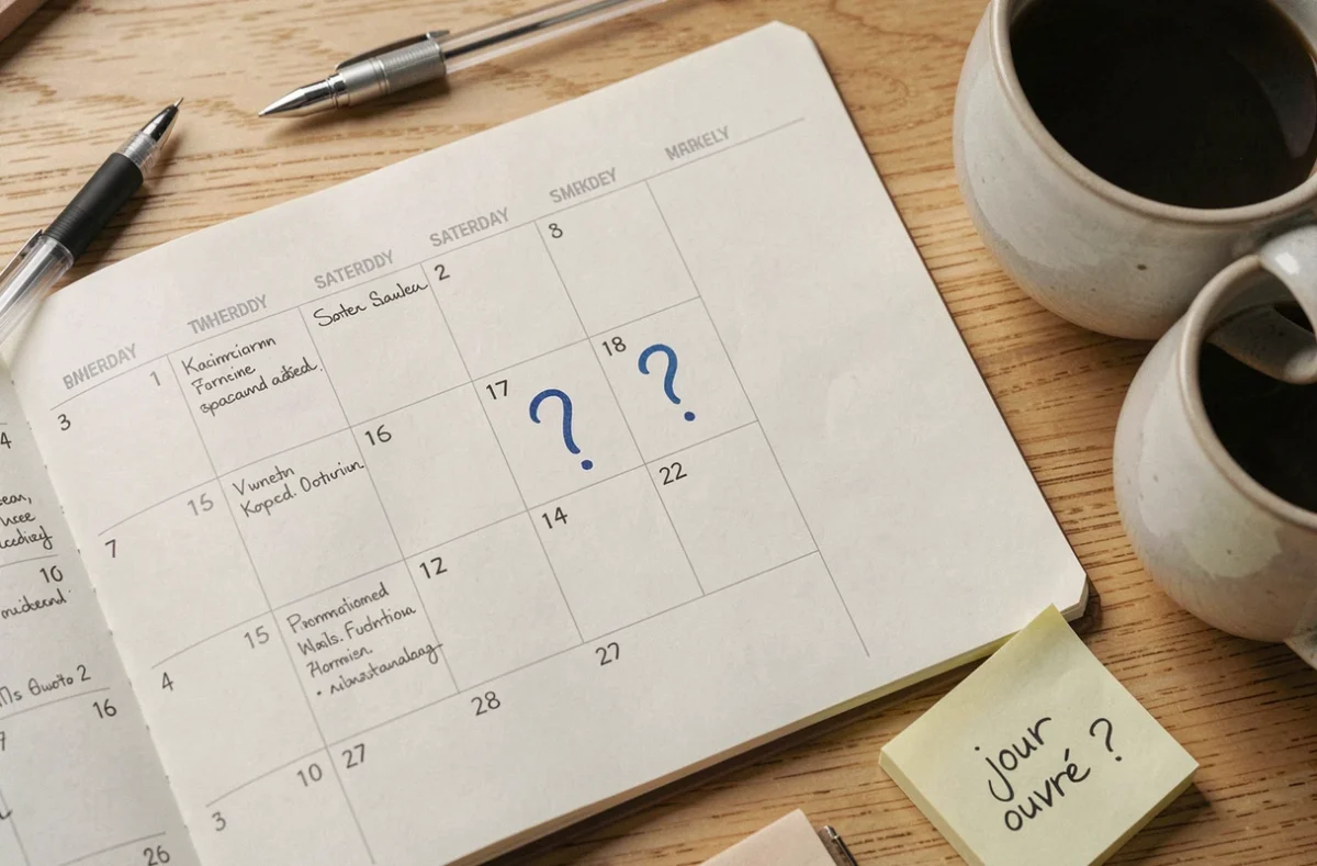 Calendrier de bureau ouvert sur un samedi marqué d'un point d'interrogation, symbolisant le doute sur le statut de jour ouvré