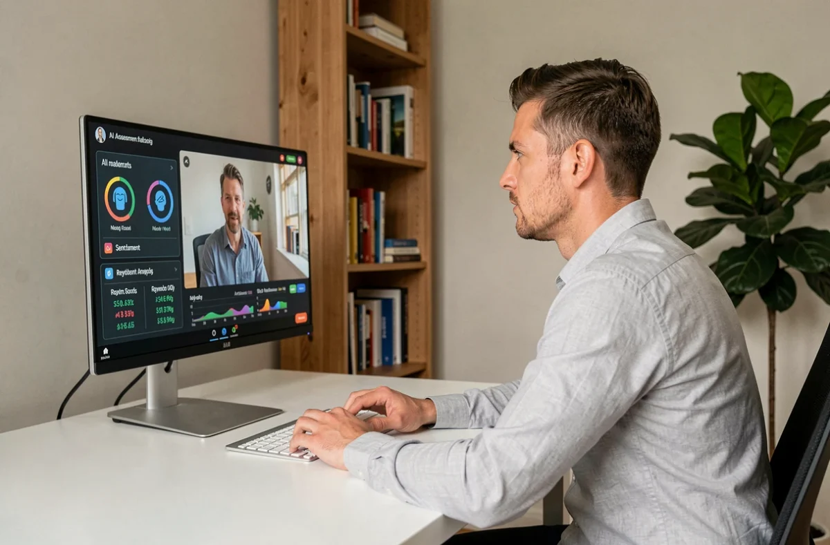 Candidat passant un entretien vidéo avec un système d'évaluation par intelligence artificielle depuis son bureau à domicile