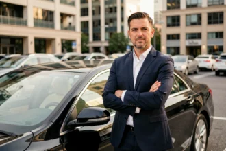 Chauffeur VTC professionnel en costume sombre debout devant une berline noire en milieu urbain