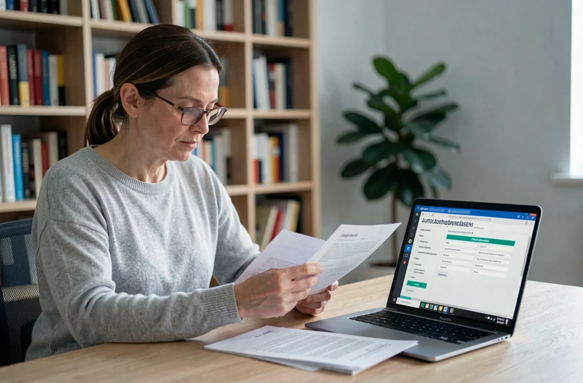 Femme entrepreneur étudiant les statuts juridiques pour VTC à son bureau à domicile