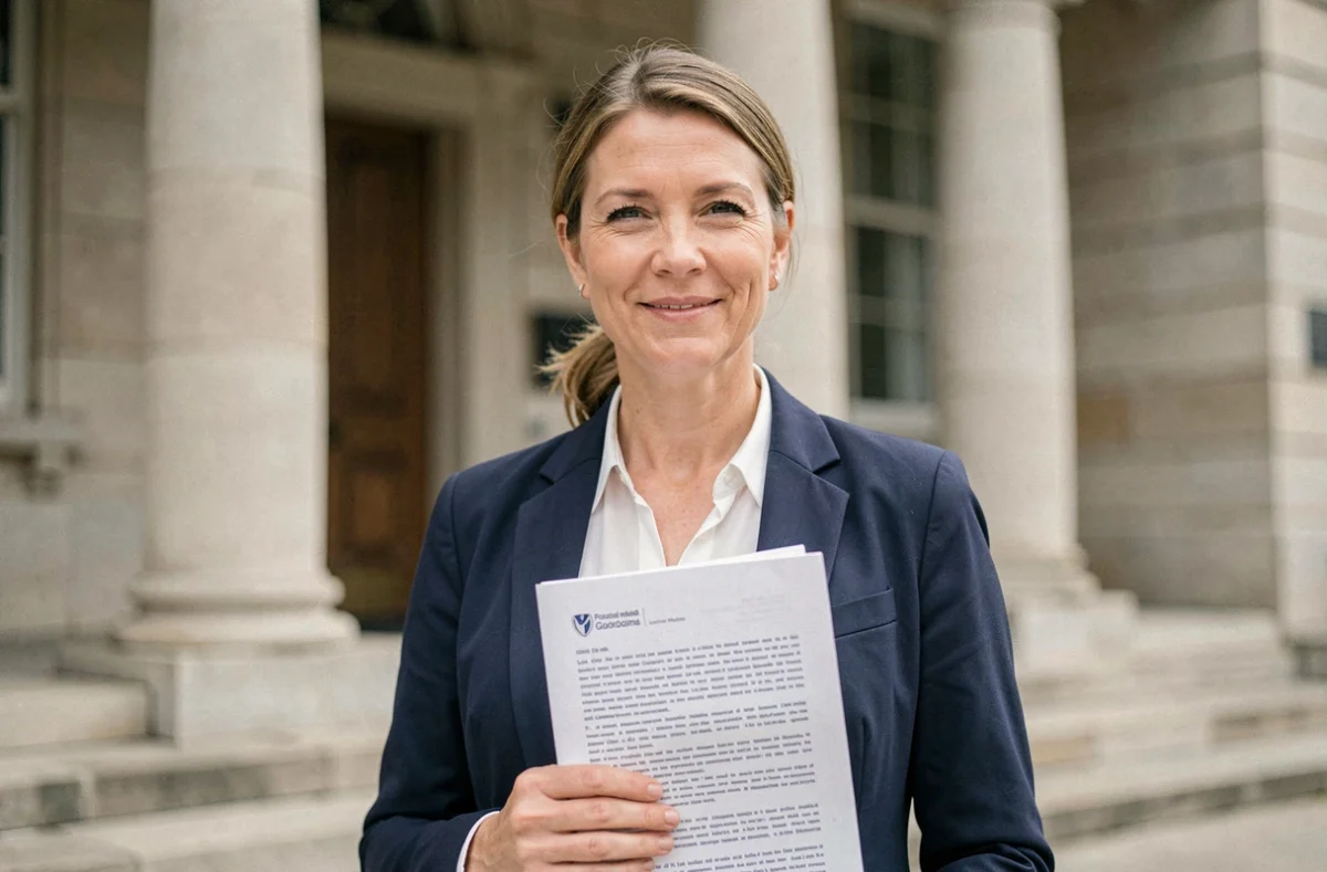 Citoyenne tenant un document officiel sur la loi 20 devant un édifice gouvernemental québécois