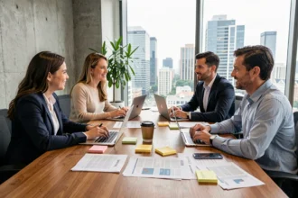 Équipe de professionnels collaborant autour d'une table de réunion dans un bureau moderne et lumineux