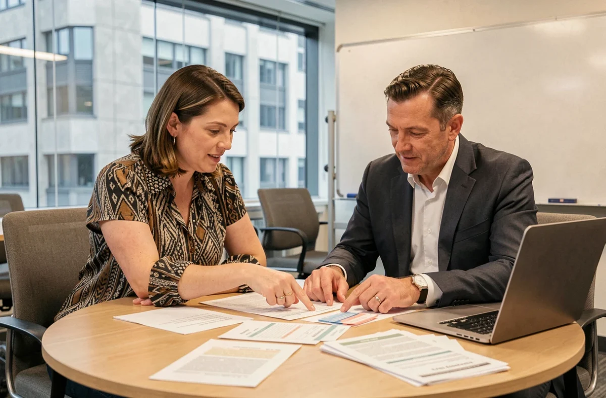 Deux collègues collaborant pour vérifier des fiches de paie dans une salle de réunion vitrée