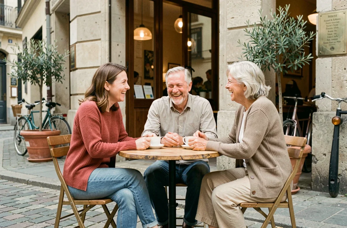 Trois collègues riant autour d'un café en terrasse en semaine, évoquant un équilibre entre vie professionnelle et personnelle