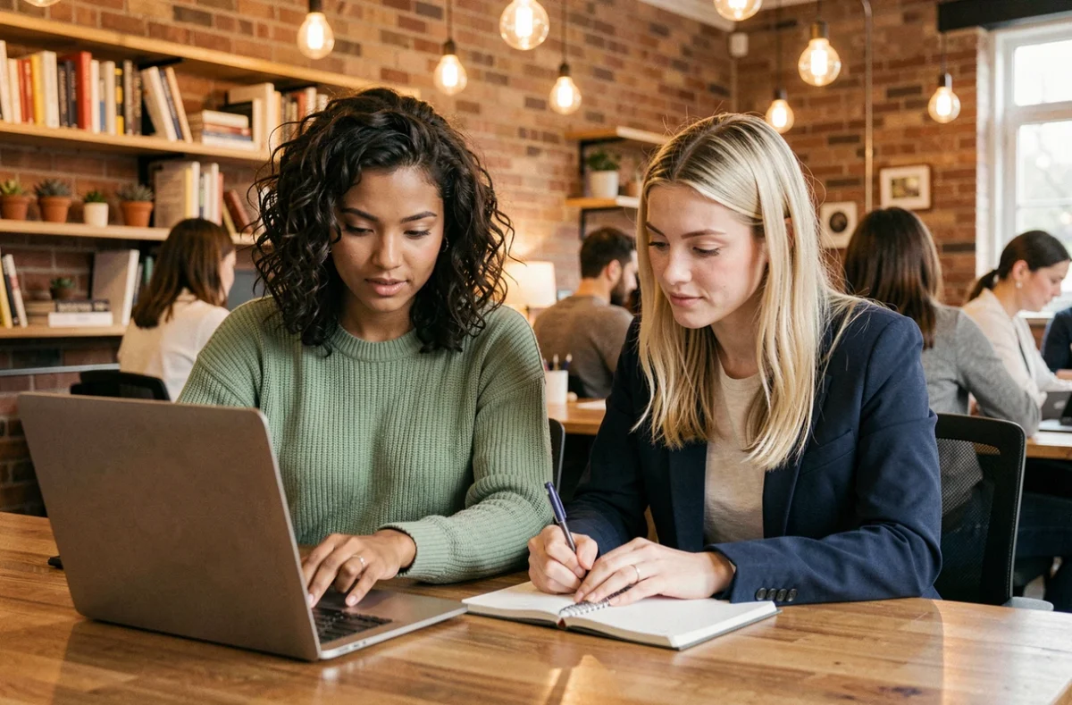 Deux collègues féminines travaillant ensemble sur un ordinateur portable dans un espace de coworking chaleureux