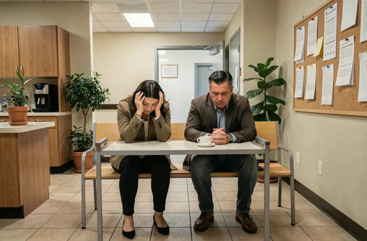 Deux collègues épuisés assis dans une salle de pause au bureau, illustrant la fatigue et le stress au travail dans un environnement professionnel quotidien