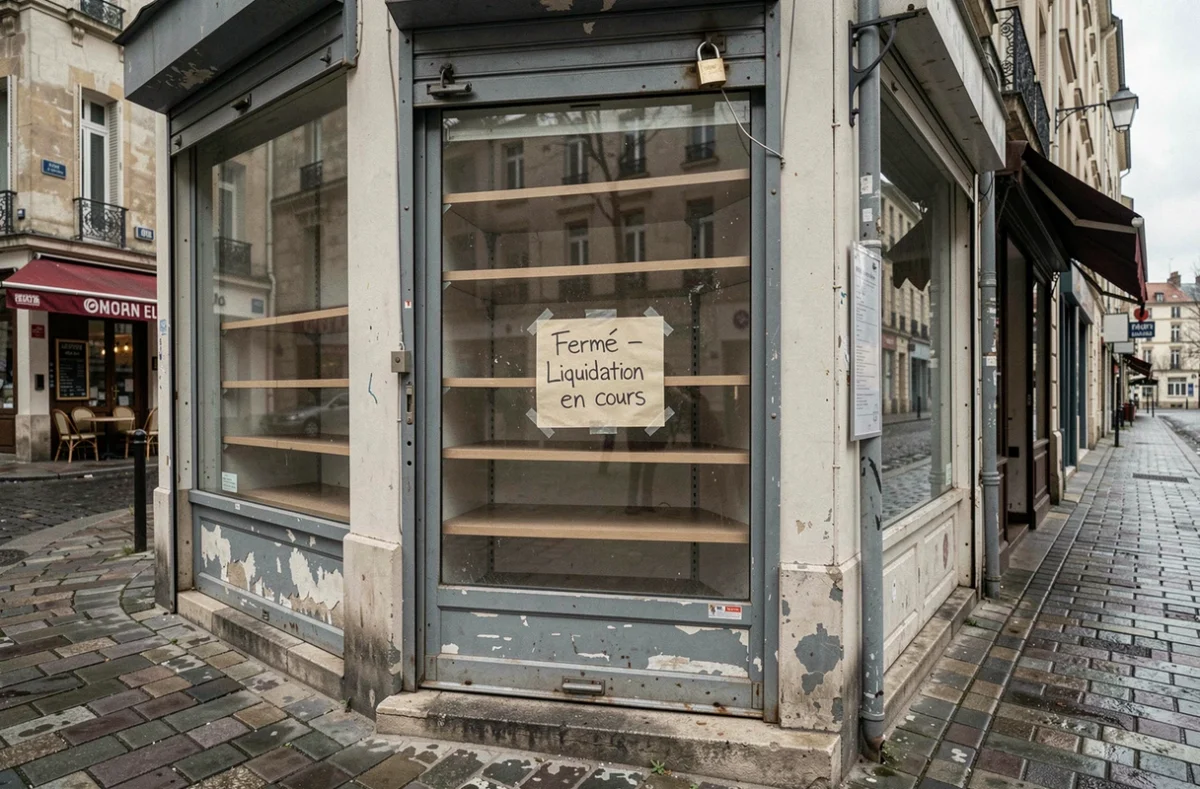 Commerce fermé avec affiche de liquidation en cours sur devanture de magasin