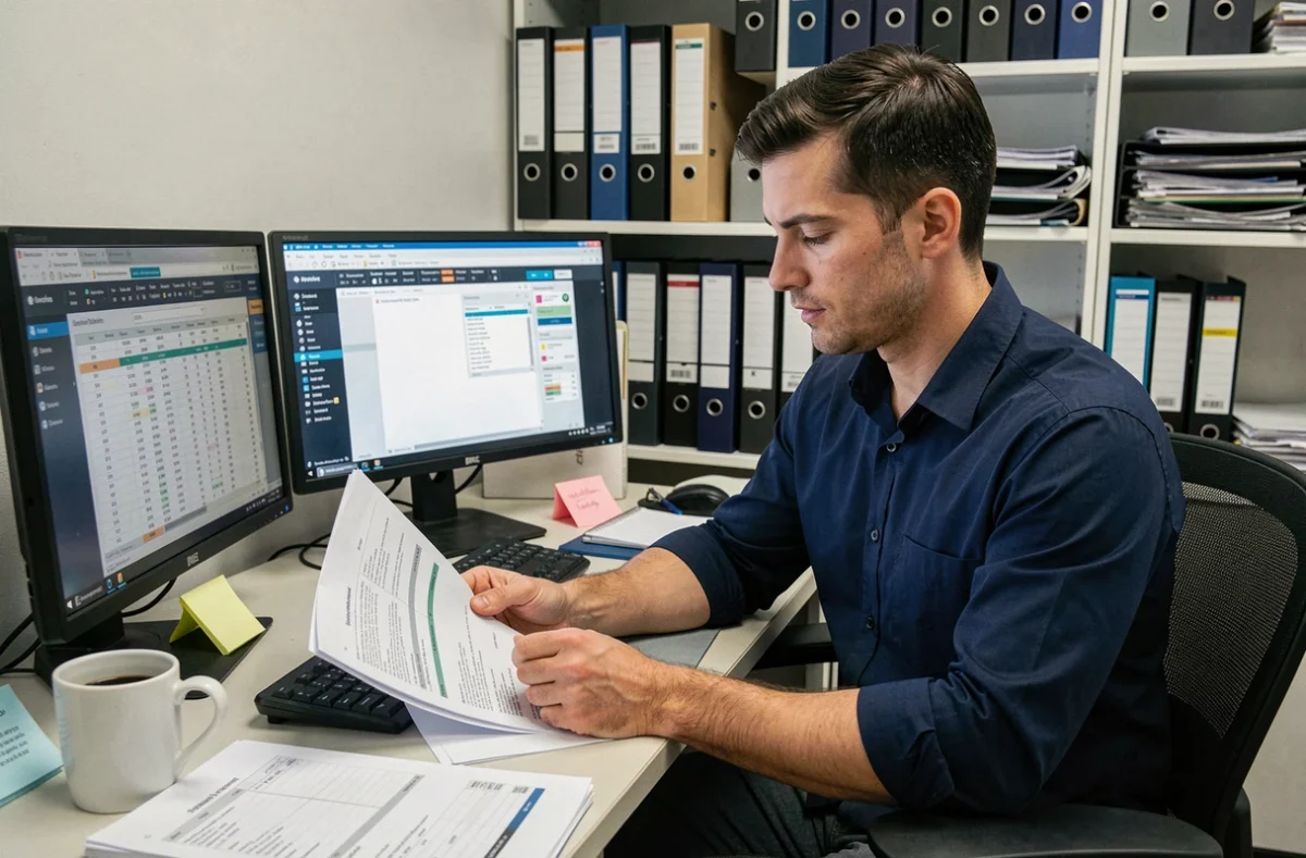 Comptable masculin analysant des fiches de paie sur double écran dans un bureau privé