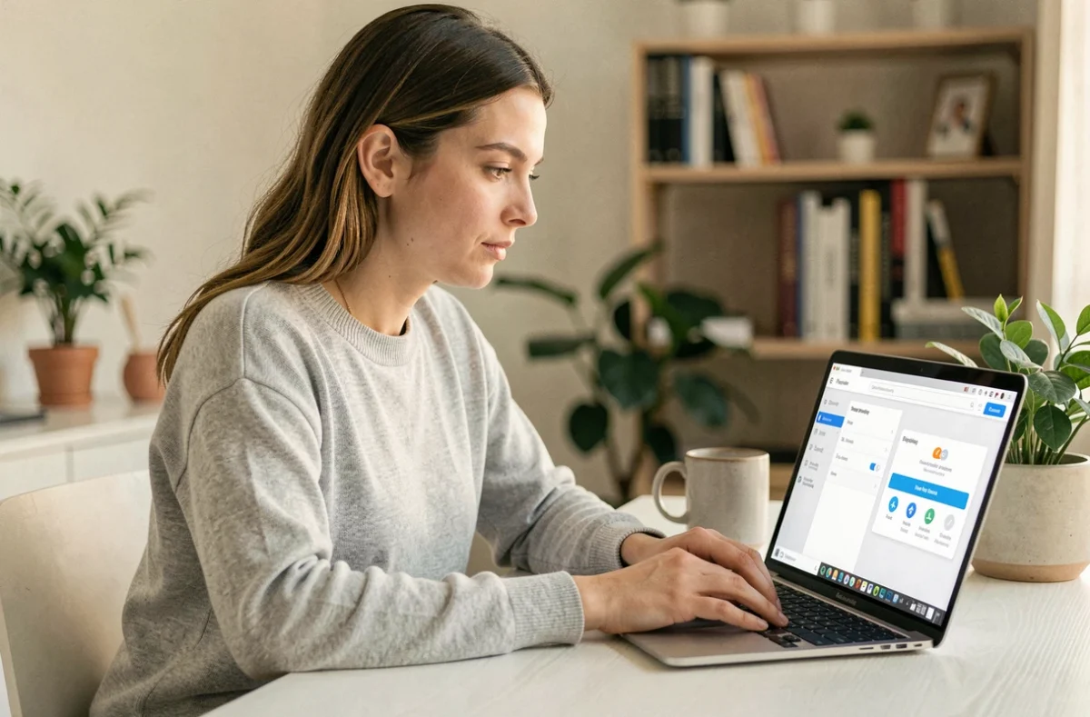 Femme entrepreneur vérifiant les paramètres de confidentialité et de sécurité de Bitrix24 depuis son bureau à domicile