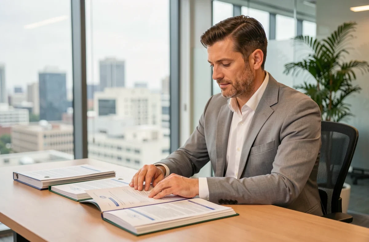 Consultant en conformité environnementale analysant des documents réglementaires dans un bureau professionnel