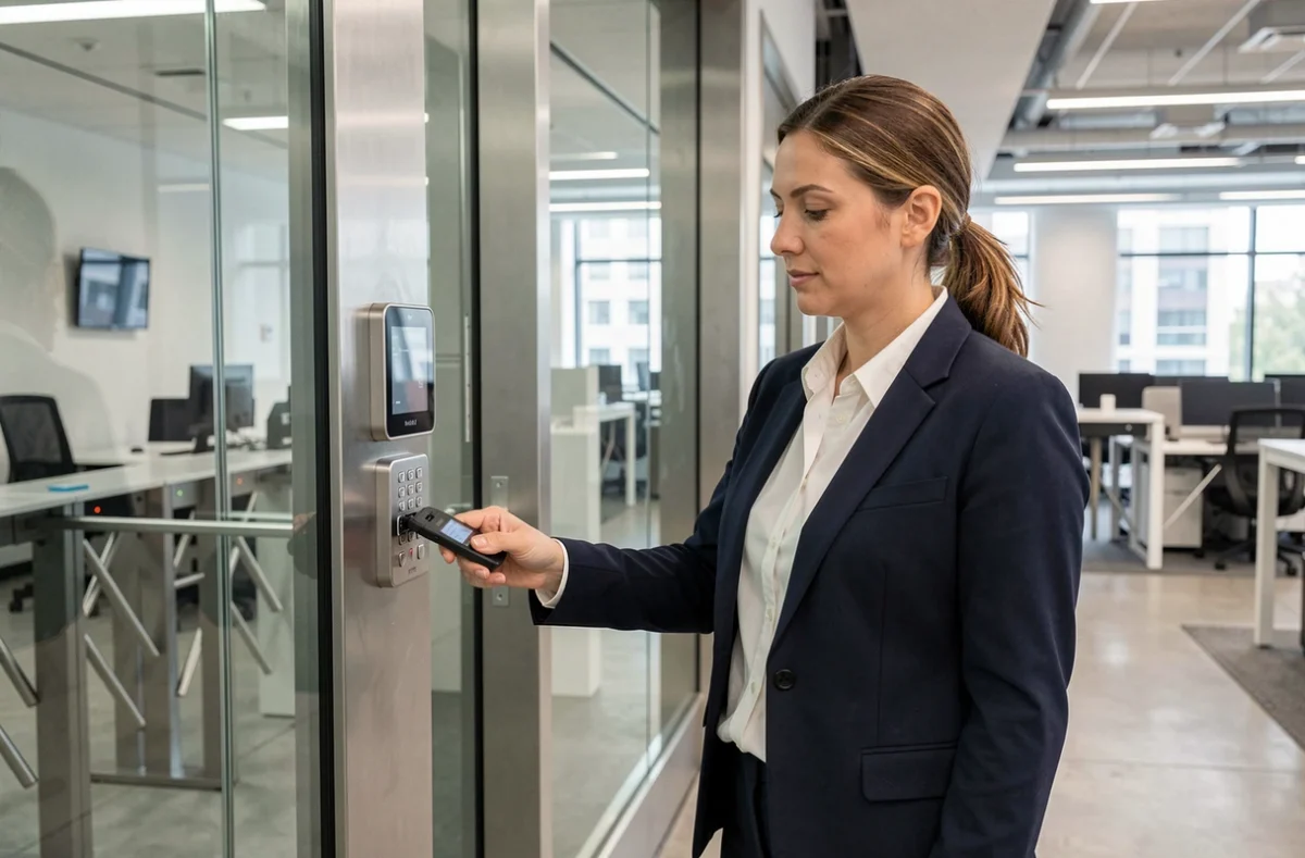 Employée utilisant un badge d'accès électronique à l'entrée sécurisée d'un bâtiment d'entreprise