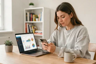 Une créatrice de contenu analysant ses revenus sur les réseaux sociaux depuis son bureau à domicile