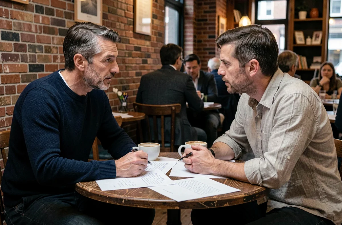 Deux hommes débattant d'éthique dans un café avec des notes manuscrites sur la table