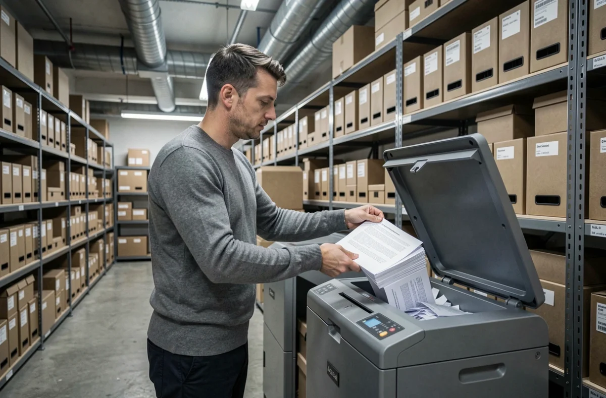 Consultant en sécurité détruisant des documents sensibles dans une salle d'archivage avec un déchiqueteur professionnel