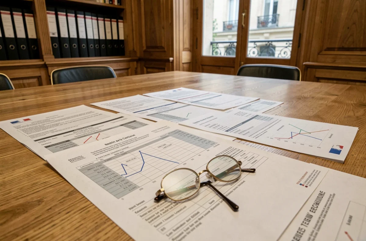 Documents financiers officiels et graphiques de la dette publique française sur une table ministérielle