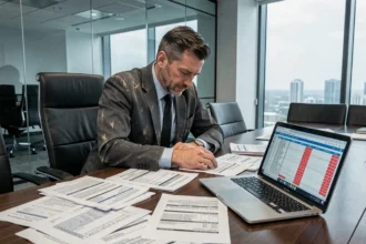 Dirigeant d'entreprise face à des documents financiers lors d'une liquidation judiciaire