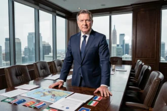 Homme d'affaires en costume devant une table de conférence avec cartes et drapeaux mondiaux symbolisant le pouvoir géopolitique