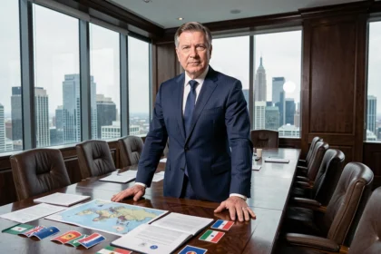 Homme d'affaires en costume devant une table de conférence avec cartes et drapeaux mondiaux symbolisant le pouvoir géopolitique