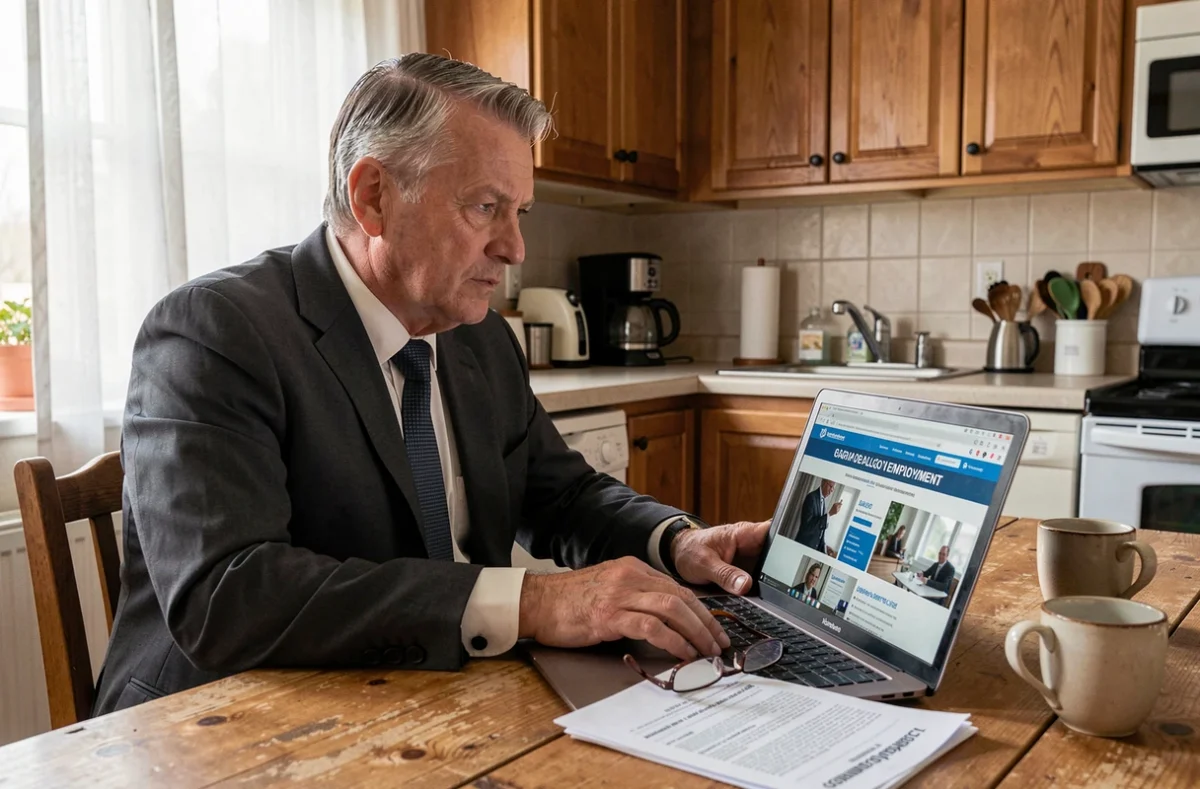 Un homme licencié consulte ses droits au travail sur ordinateur à son domicile avec des documents juridiques