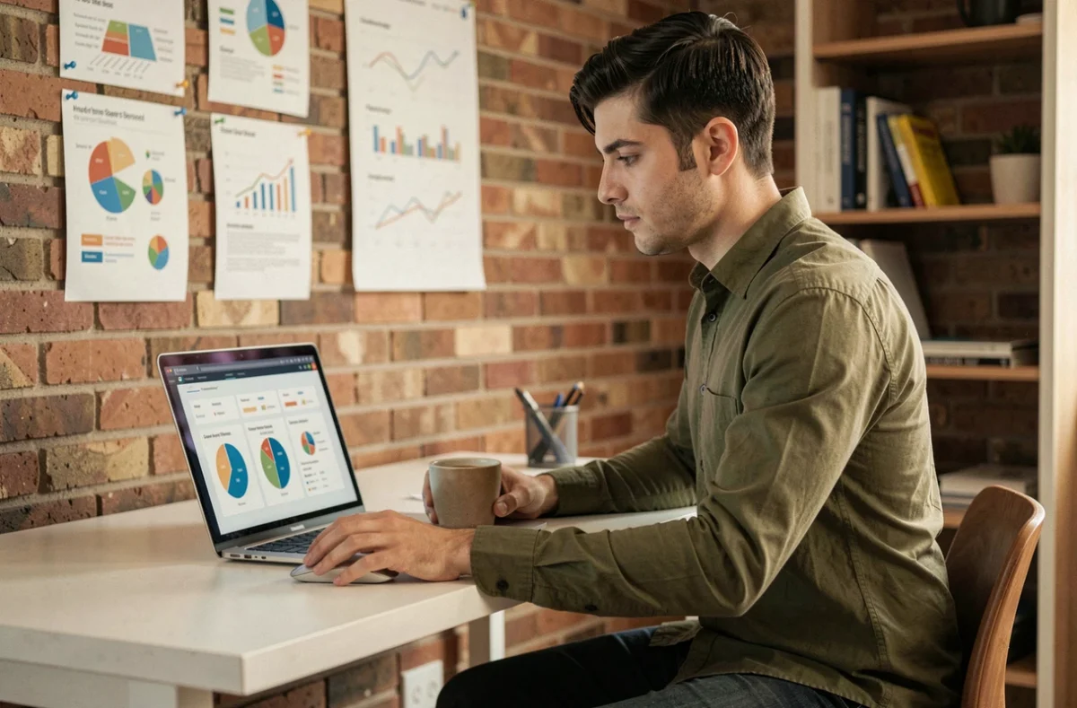 Jeune entrepreneur analysant des données de parts de marché sur un ordinateur portable dans un espace de travail startup