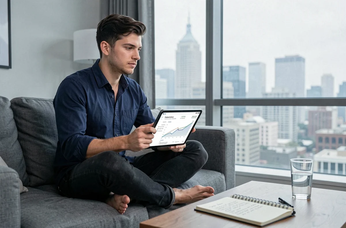 Un jeune entrepreneur consultant les statistiques de monétisation de ses réseaux sociaux sur une tablette