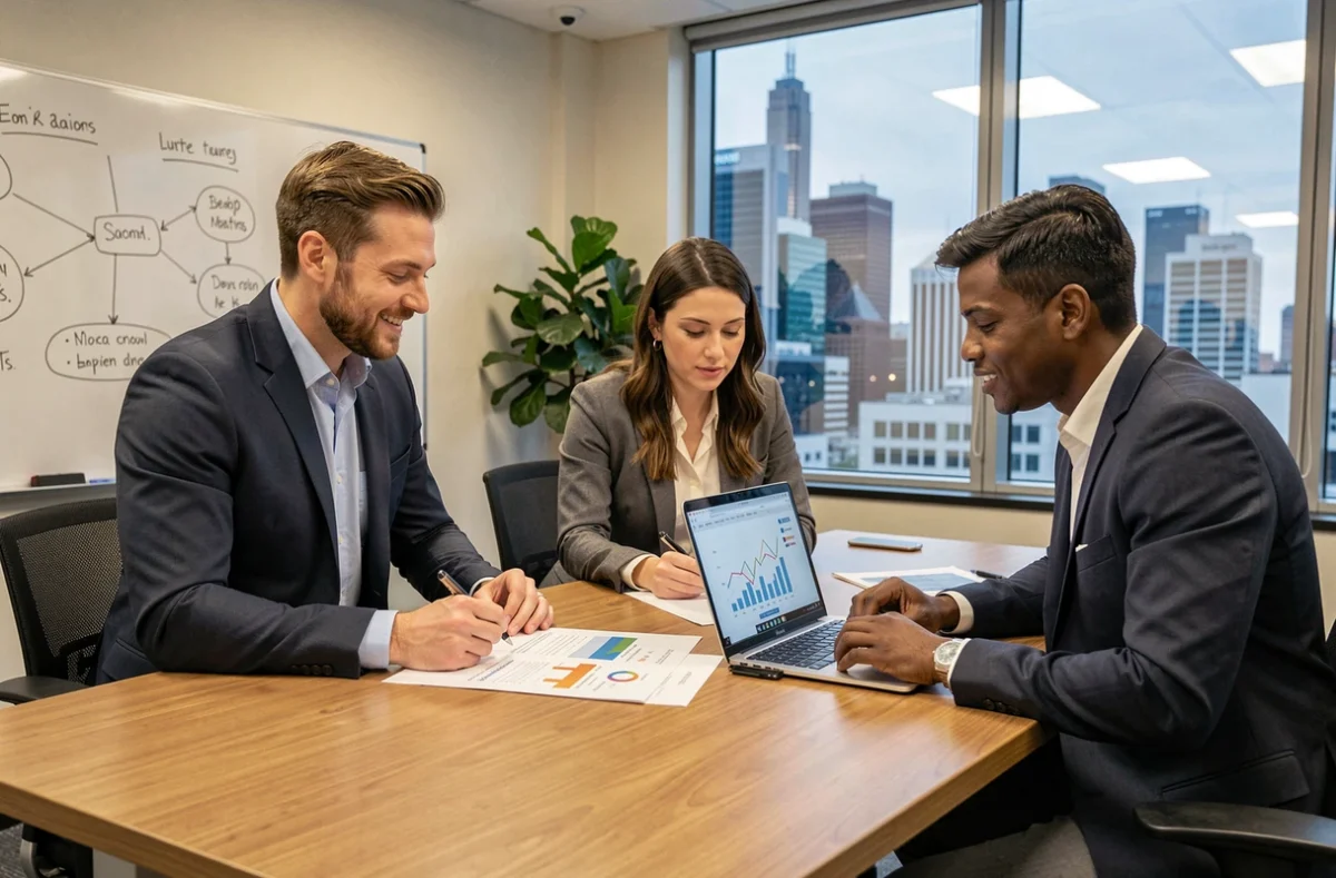 Équipe professionnelle analysant des rapports CRM autour d'une table de réunion en entreprise