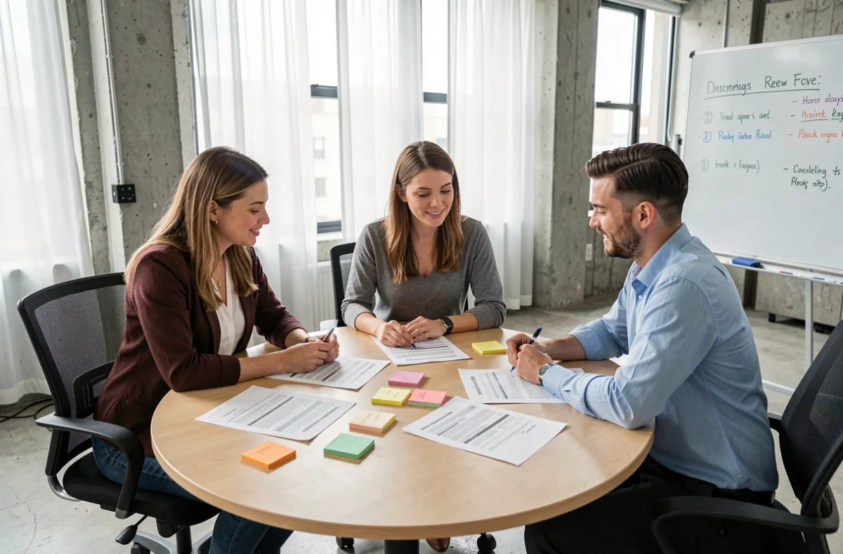Équipe de professionnels discutant des critères d'évaluation de rendement autour d'une table de réunion