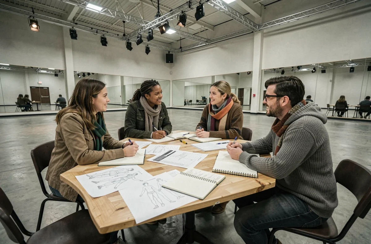 Équipe de professionnels intermittents du spectacle en réunion de production dans une salle de répétition