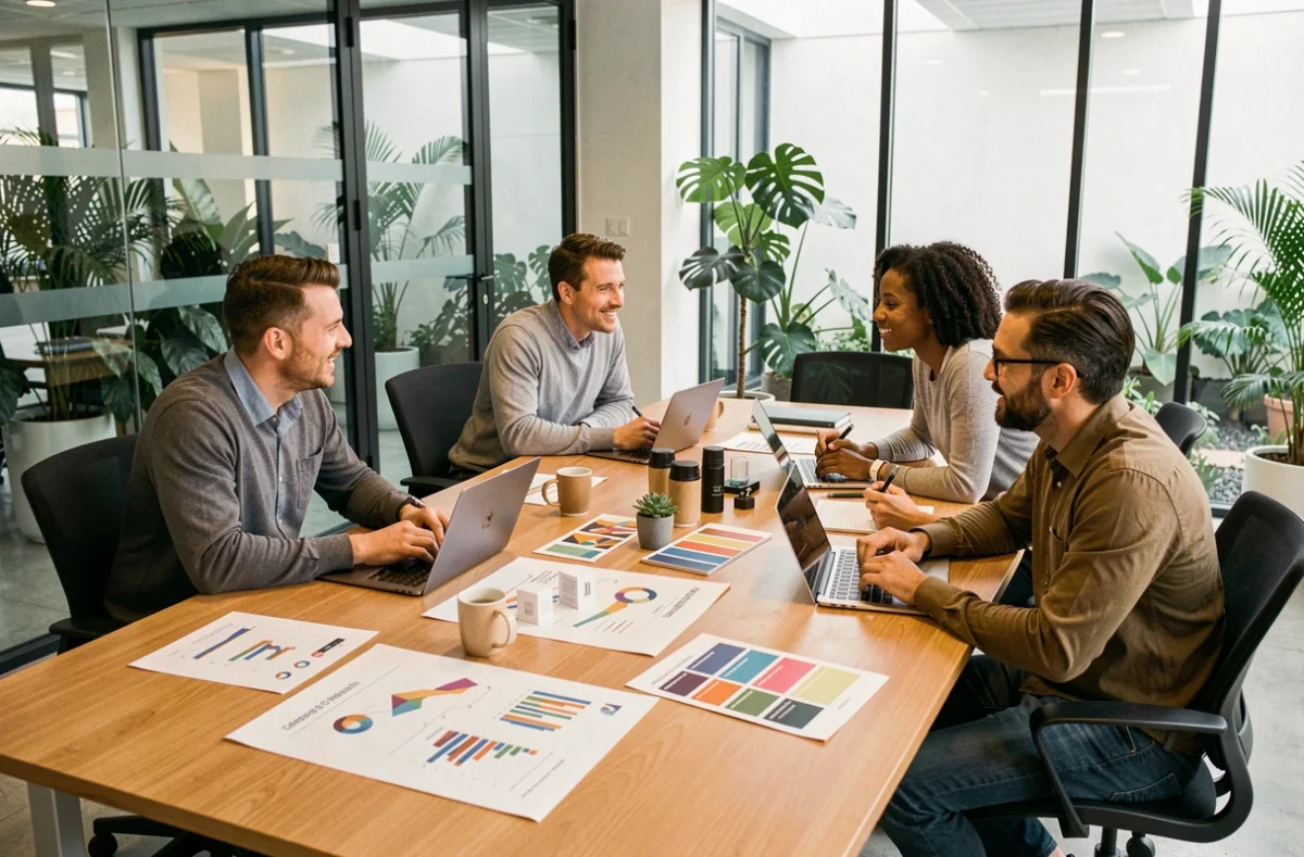 Équipe marketing réunie autour d'une table de réunion pour analyser les 8 composantes du mix marketing