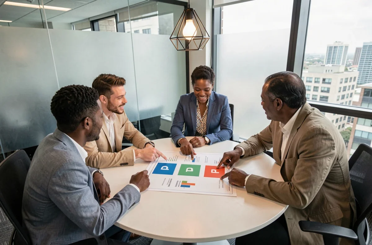 Équipe de professionnels discutant des 3 PS autour d'une table de réunion