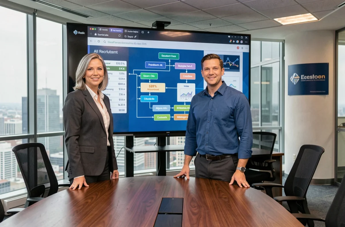 Deux professionnels des ressources humaines présentant un tableau de bord de recrutement alimenté par l'intelligence artificielle en salle de réunion