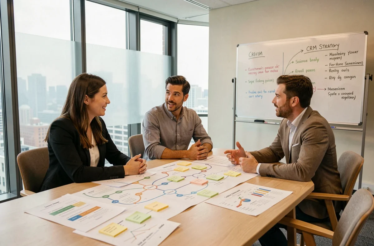 Équipe de professionnels en réunion stratégique autour d'une table de conférence avec des documents de stratégie CRM et des cartes de parcours client