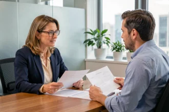 Responsable RH menant une évaluation de rendement avec un employé dans un bureau moderne